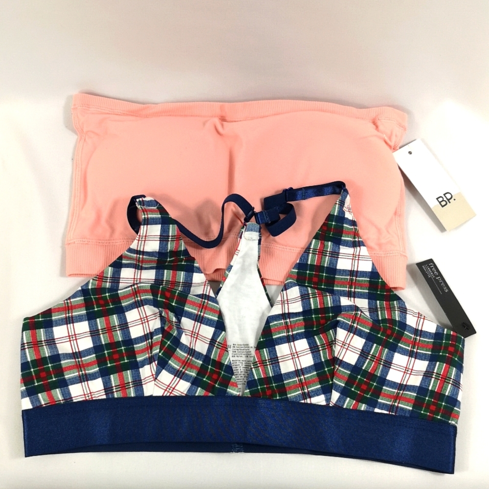 NWT Set of Two (2) Bralettes, Size Medium, Pink Strapless & Plaid Razor Back